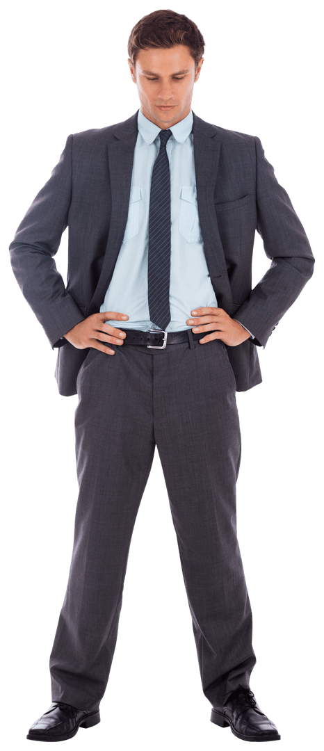 Serious Businessman in Grey Suit Standing with Hands on Hips Transparent Background