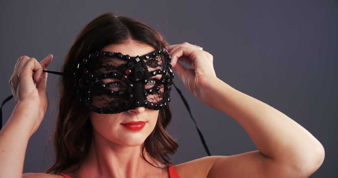 Woman Wearing Black Lace Mask with Red Lipstick - Free Images, Stock Photos and Pictures on Pikwizard.com