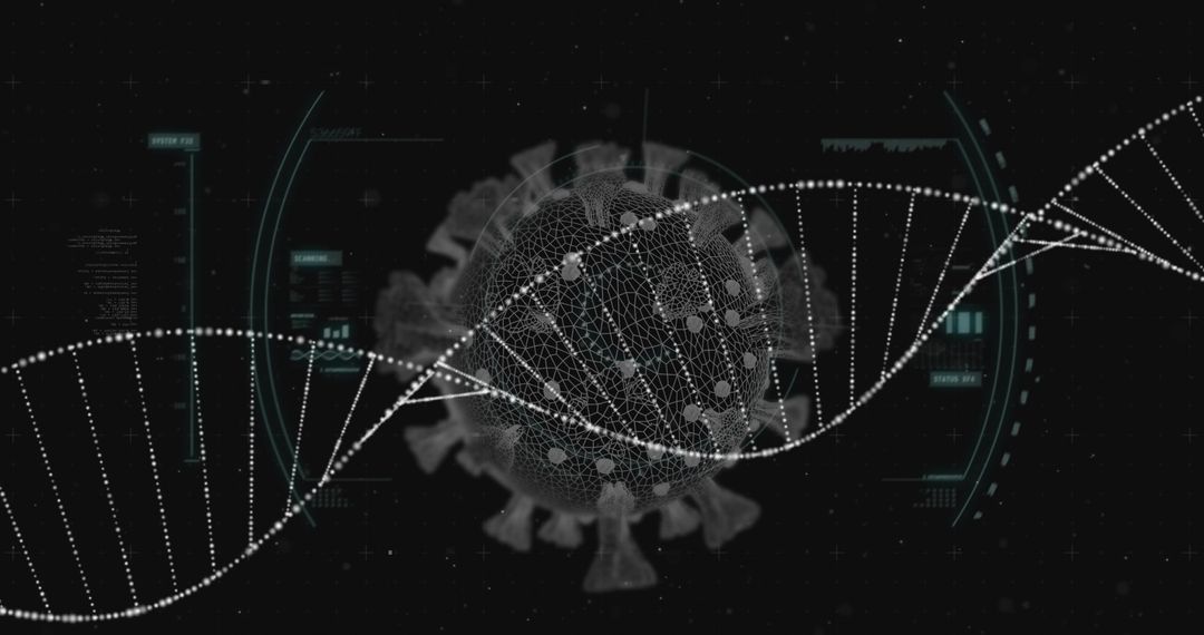 Futuristic Visualization of Virus with DNA Helix and Digital Interface