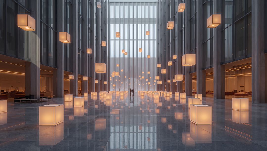Minimalist Atrium with Floating Cube Lights on Reflective Marble Floor, Two Figures