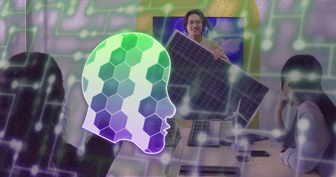 Engineer Showcasing Solar Panel in Futuristic Tech Meeting