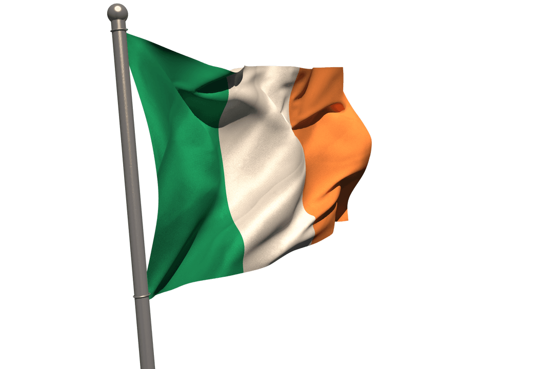 Irish Flag Waving on Pole Transparent Background Illustration