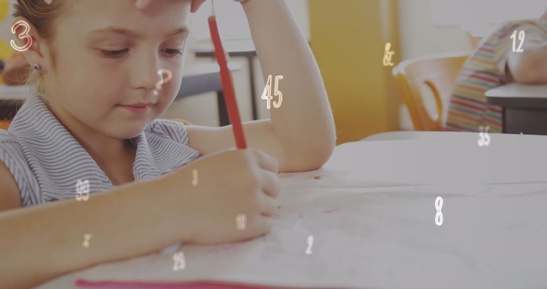 Caucasian Girl Writing in Notebook with Mathematics Symbols
