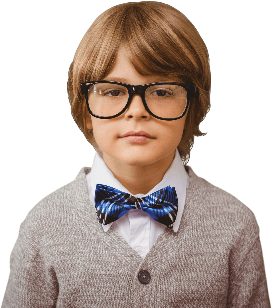 Stylish Young Boy with Glasses and Bow Tie on Transparent Background