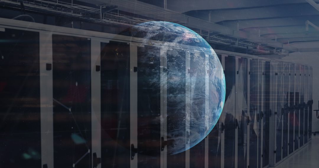 Digital Globe Overlay on Modern Server Room with Data Networks