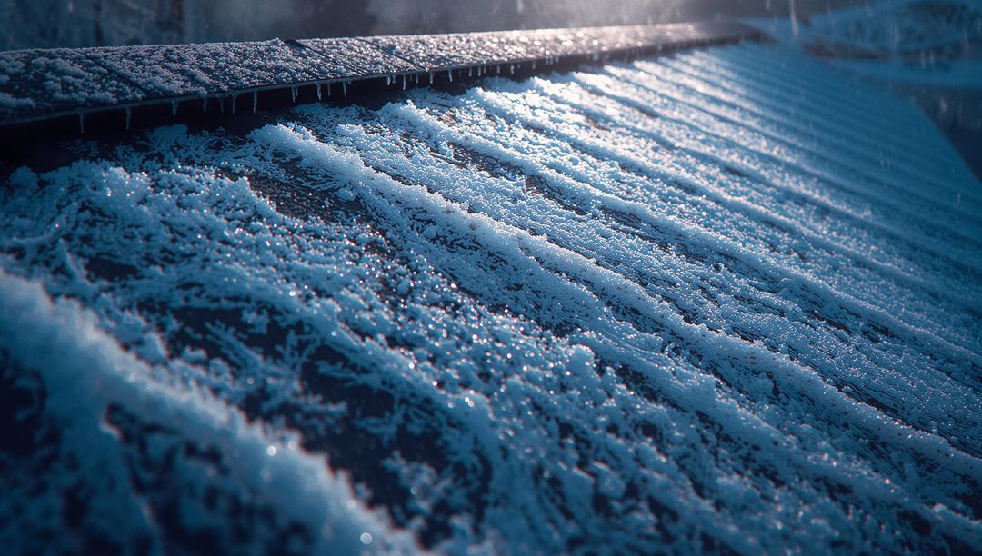 Shimmery Frozen Rooftop with Frost and Icicles in Winter Morning