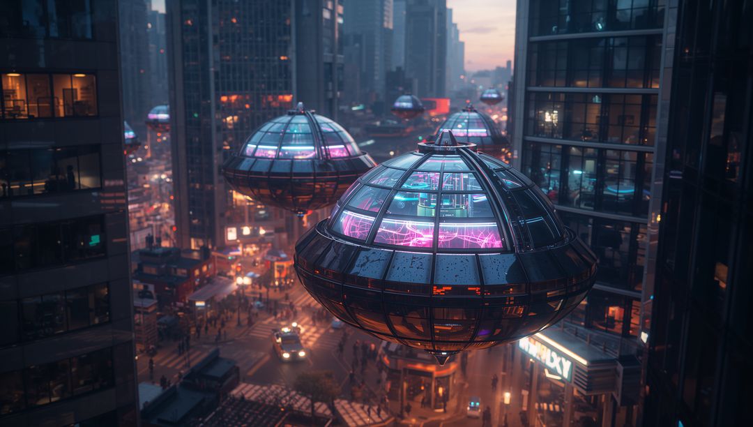 Futuristic Hovering Transport Pods Over Downtown Cityscape at Dusk