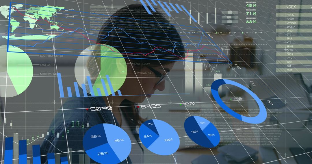 Researcher Analyzing Data with Infographic Interface Overlay