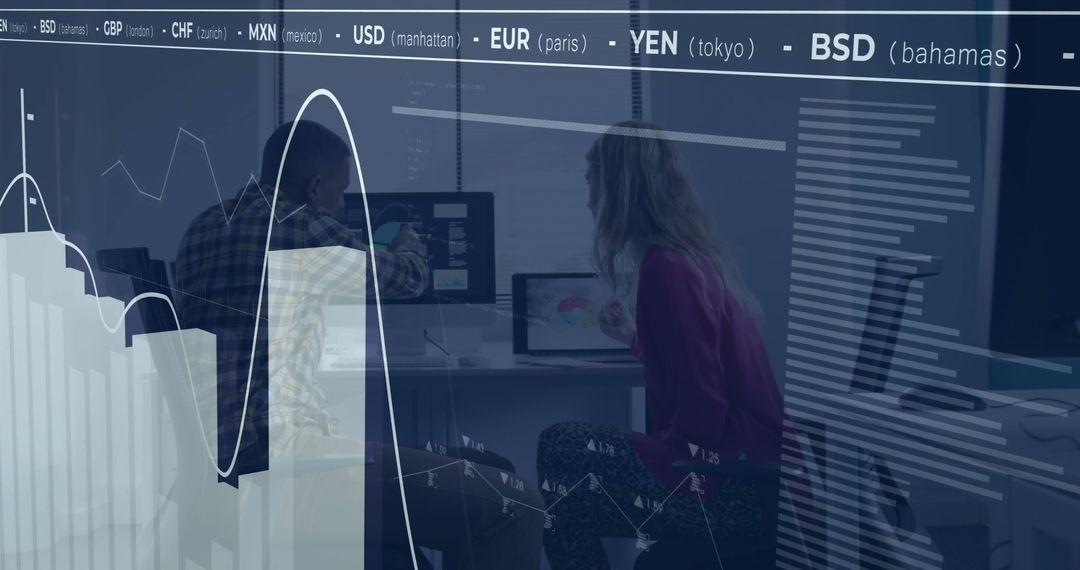 Team Analyzing Financial Data with Currency Exchange Overlay