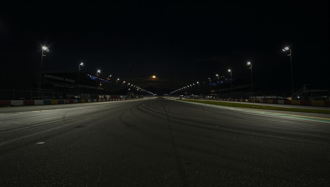 Empty Racetrack at Night with Illuminated Floodlights