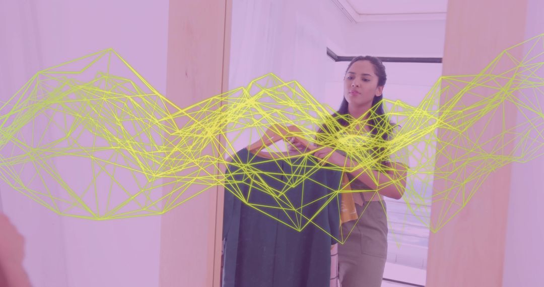 Indian Woman Styling Outfit with Futuristic Wireframe Display