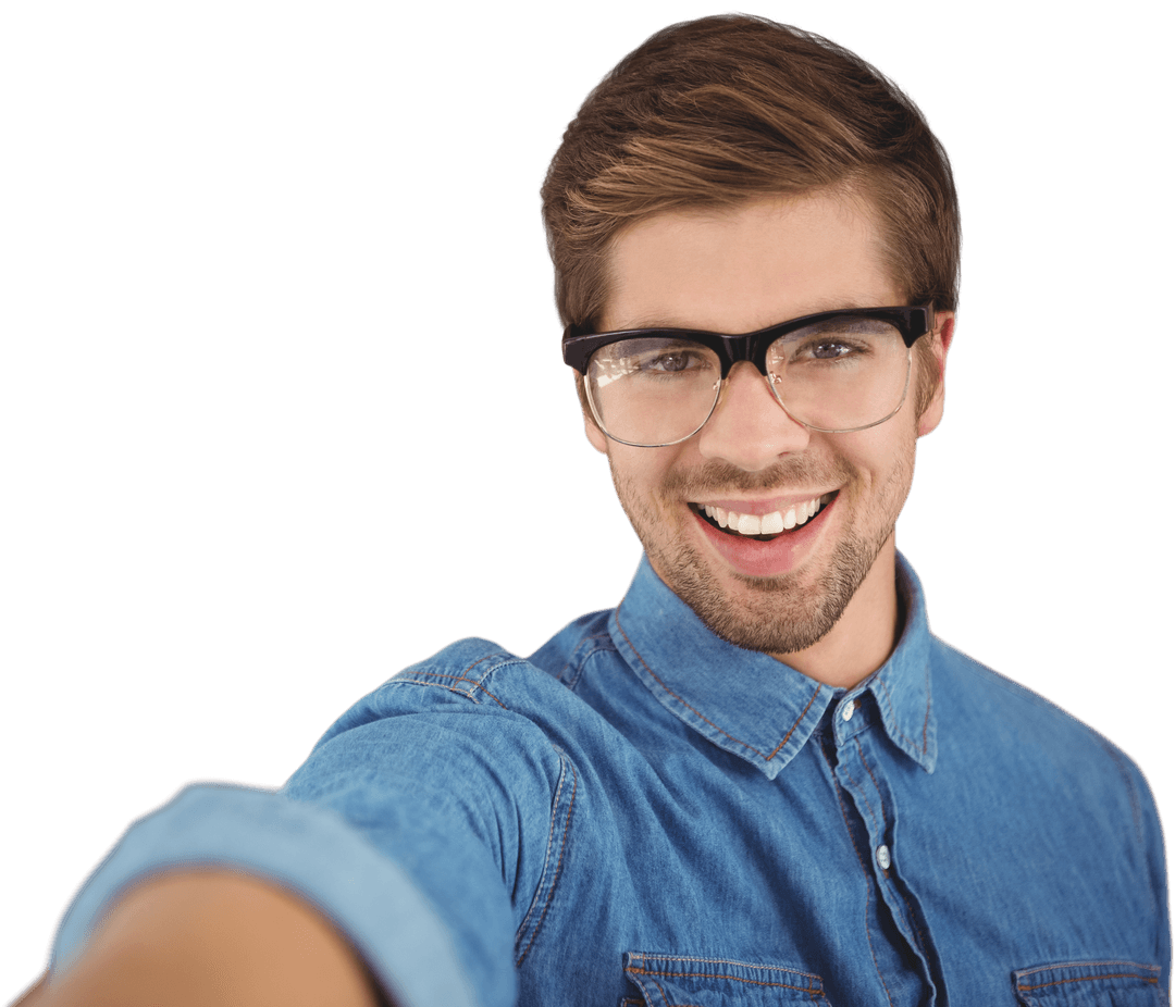 Transparent Cheerful Man Wearing Glasses Taking Selfie