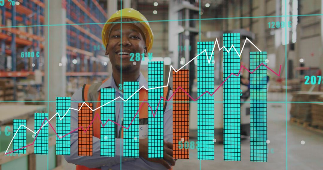 Warehouse lead monitoring AR logistics dashboard with rising bar charts and analytics