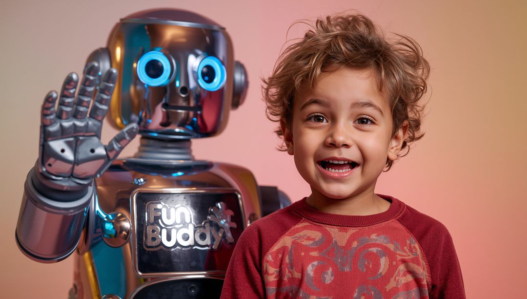 Joyful Child Smiling with Chrome Fun Buddy Robot in Warm Studio Lighting