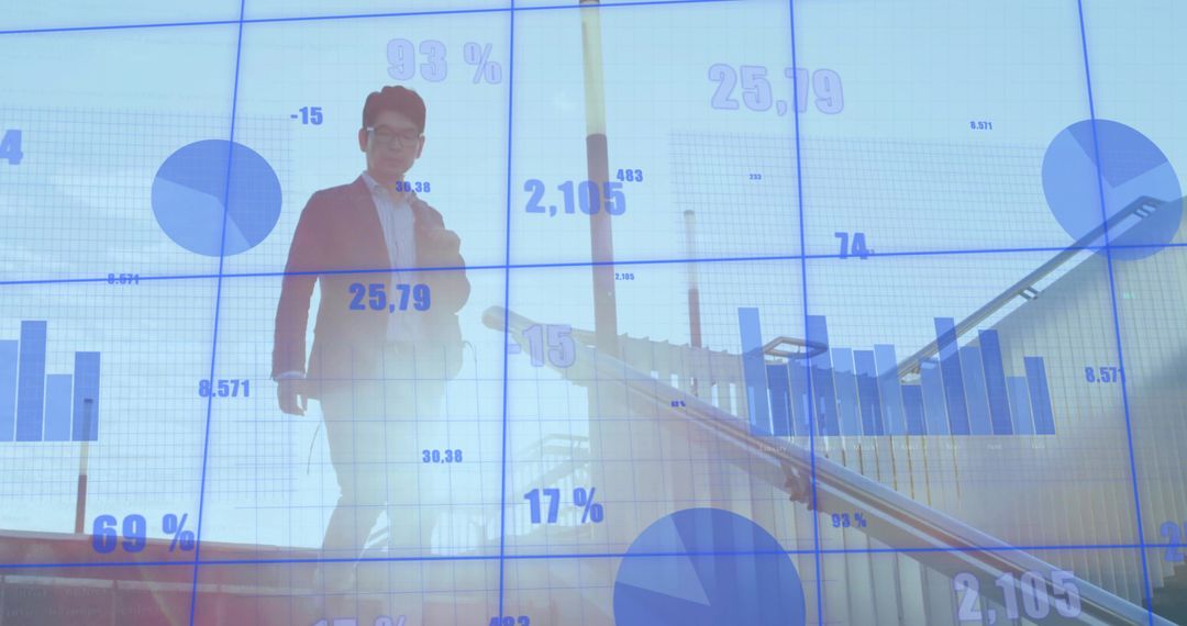 Businessman Walking on Staircase with Data Visualization Projection