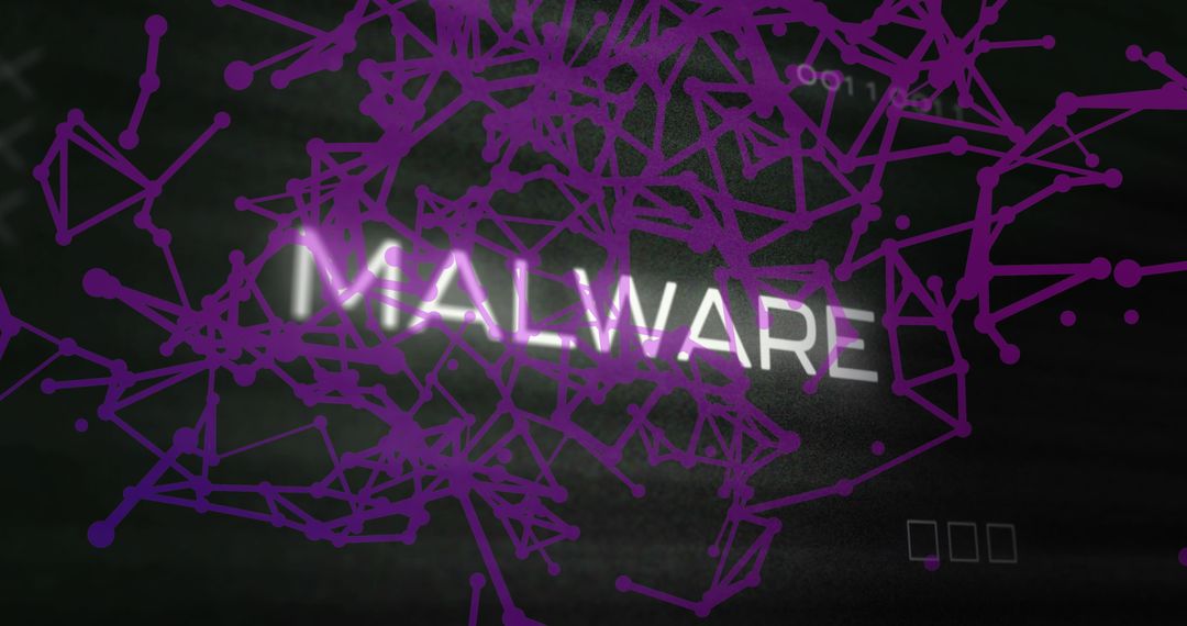 Glowing Malware Text Amidst Purple Digital Network Web