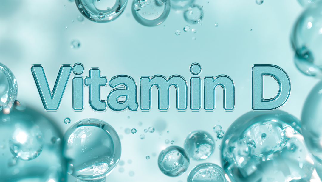 Glossy 3D Vitamin D Text Floating Among Translucent Aqua Bubbles