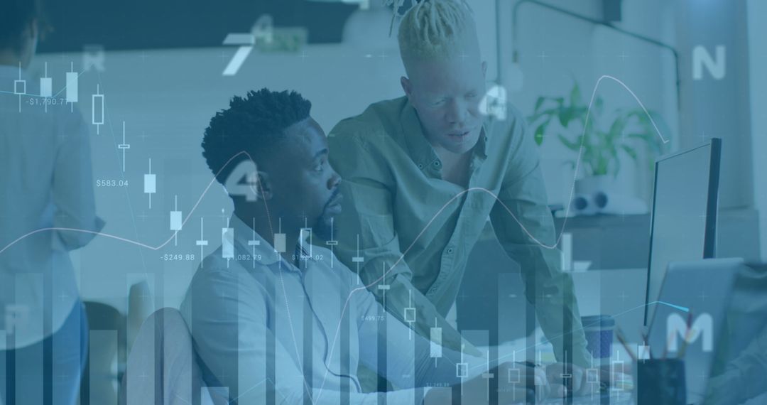 Business Professionals Analyzing Financial Data with Overlay of Graphs