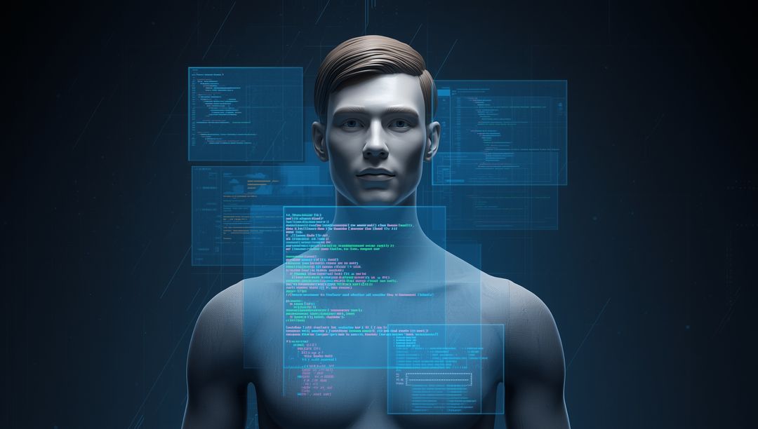 Futuristic Humanoid with Digital Code Panels