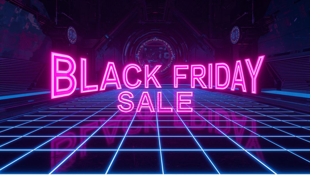 Black Friday Neon Sale on Reflective Cyber Grid Floor Retrofuturistic Synthwave Promotion