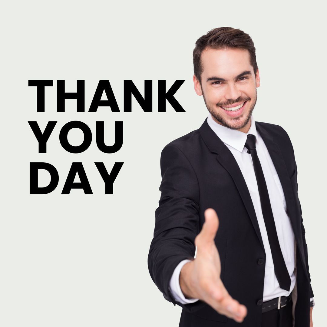 Smiling Businessman Extending Hand with Thank You Day Text