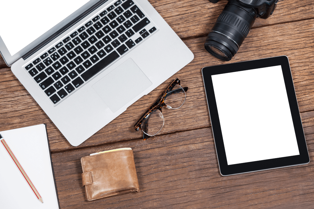 Transparent Workstation Essentials with Laptop Camera and Tablet
