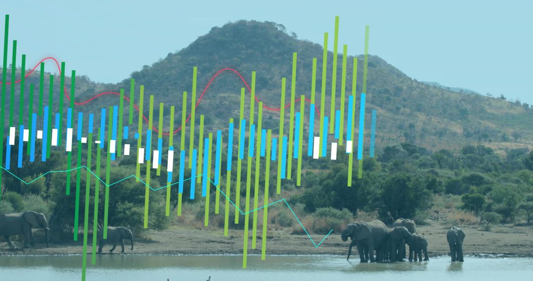 Elephants at Waterhole with Overlay of Statistical Data Chart