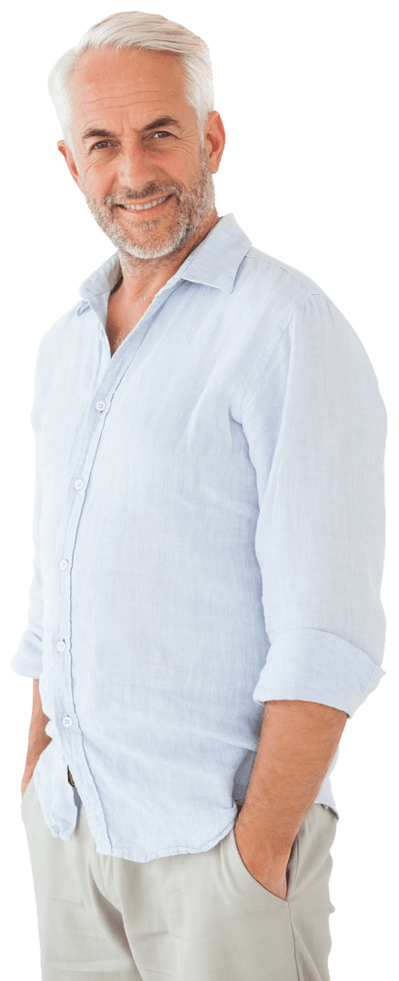 Happy Mature Man Smiling with Hands in Pockets Transparent Background
