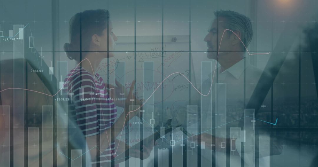 Business Team Discussing Strategy with Overlayed Financial Charts