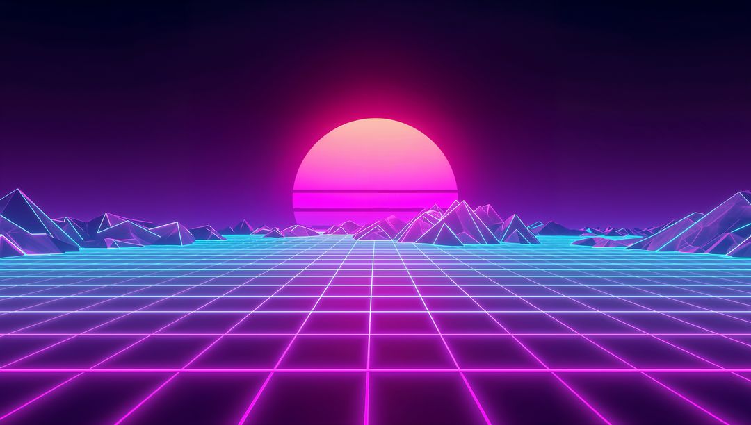 Neon Cyberpunk Sunset with Digital Landscape and Wireframe Peaks