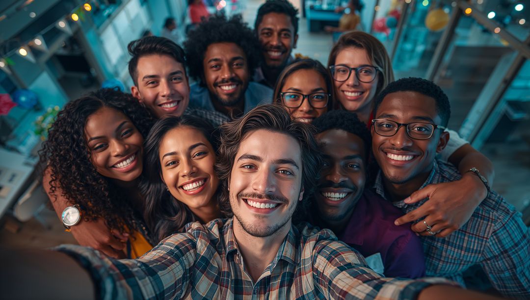 Diverse Team Taking Candid Selfie in Open-Plan Office Setting