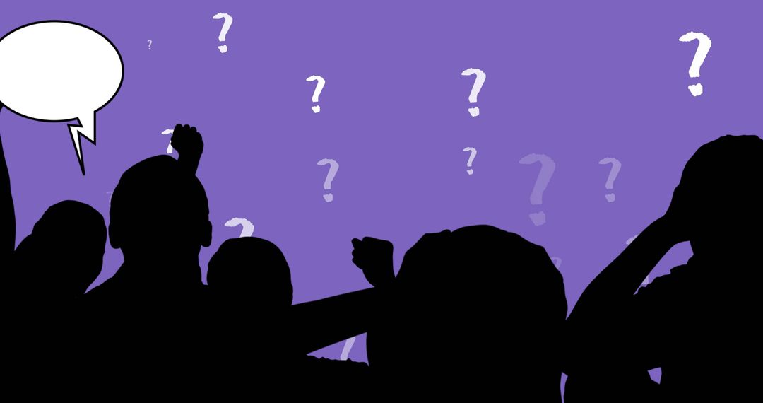 Silhouetted Crowd Questioning with Speech Bubbles and Question Marks