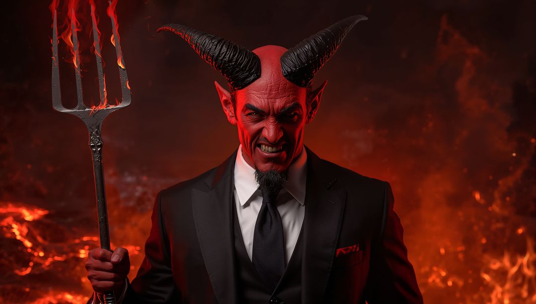 Demonic Figure With Flaming Pitchfork in Fiery Underworld