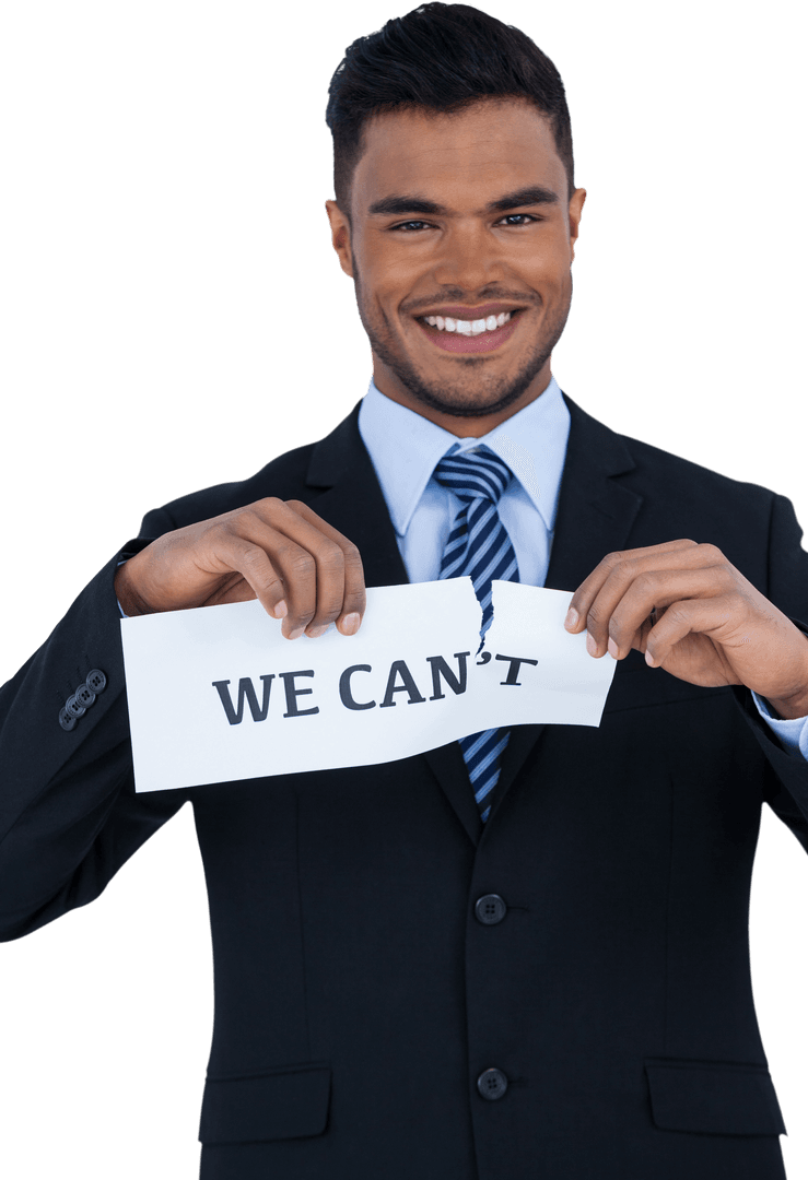 Transparent Visionary Smiling Man Tearing 'We Can't' Sign in Suit