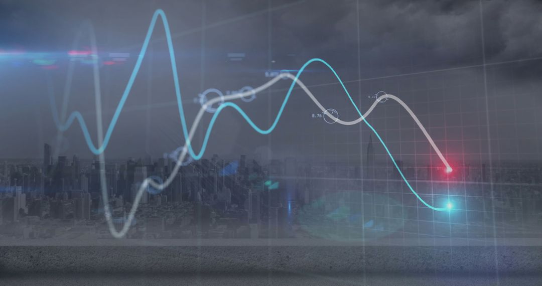 Futuristic Financial Graph and Cityscape Double Exposure