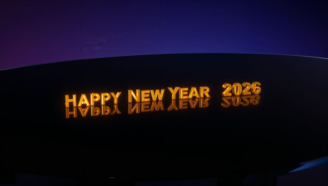 Golden 3D HAPPY NEW YEAR 2026 Text Glowing on Glossy Black Plane with Mirror Reflection
