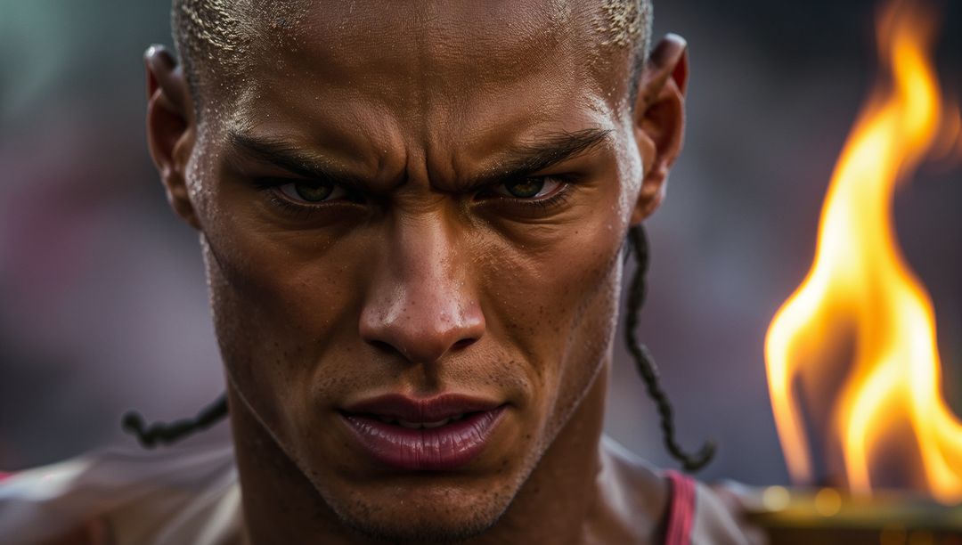 Staring athlete furrowing brow and sweating with torch flame closeup intense determination