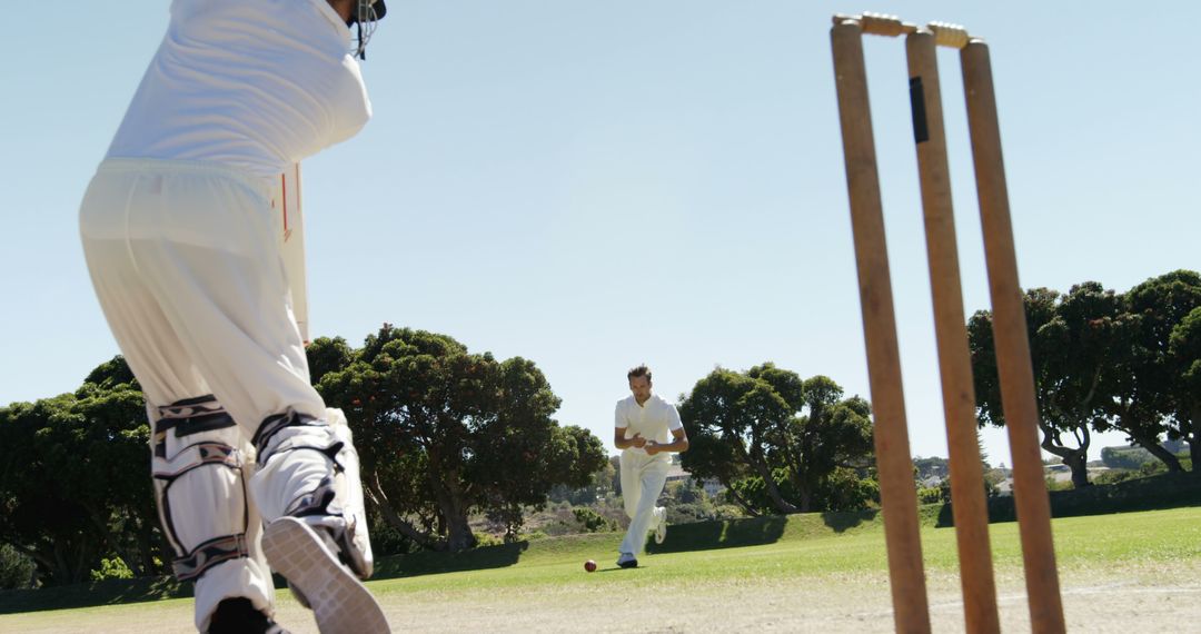 Cricketer Bowling Ball to Batsman on Outdoor Pitch - Free Images, Stock Photos and Pictures on Pikwizard.com