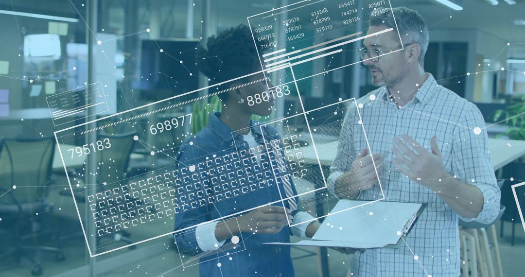 Colleagues Analyzing Futuristic Data Visualizations in Modern Office