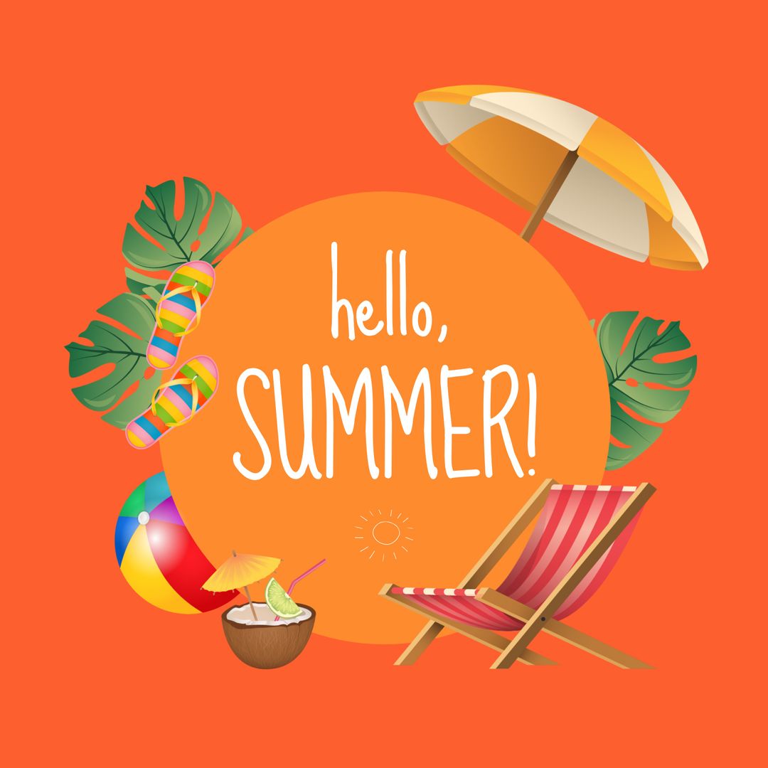 Hello Summer Greeting with Beach Accessories and Tropical Vibes