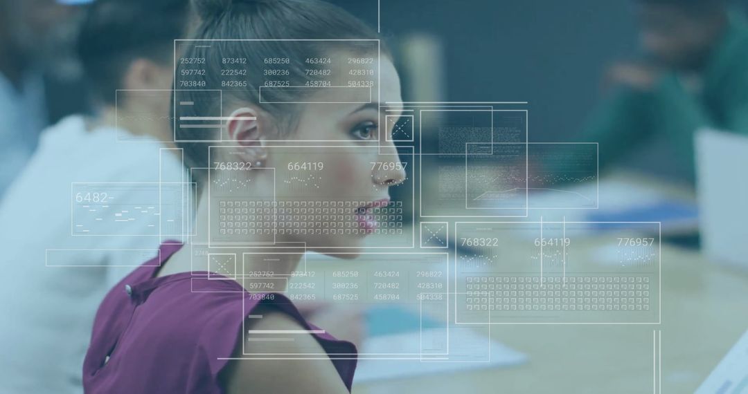 Futuristic Data Interface Over Businesswoman in Modern Office