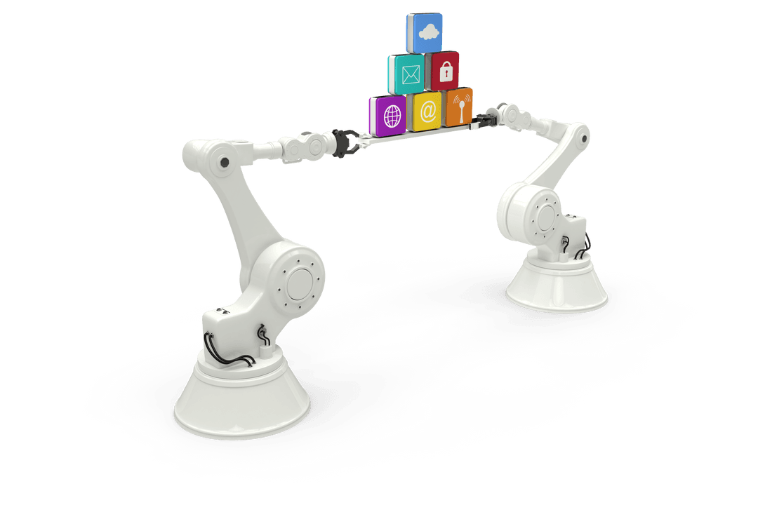 Robotic Arms Holding Digital Icons with Transparent Background