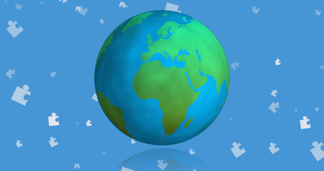 Puzzle Pieces Floating Around Globe on Blue Background