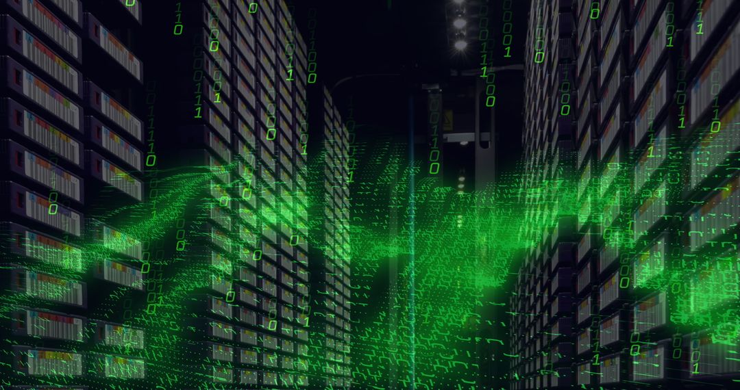 Digital Green Matrix Overlay on a Data Center Background