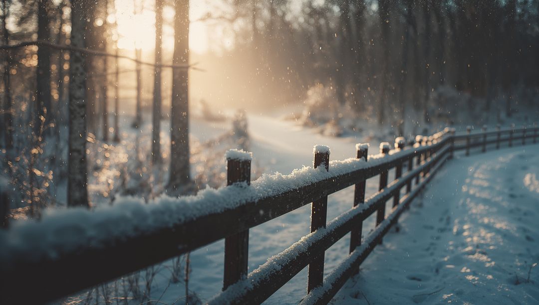 Sunlit Snowy Forest Path with Rustic Fence