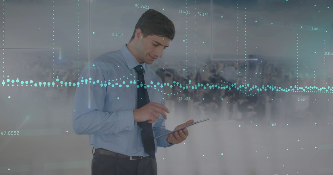 Caucasian Businessman Analyzing Data on Tablet with City Background