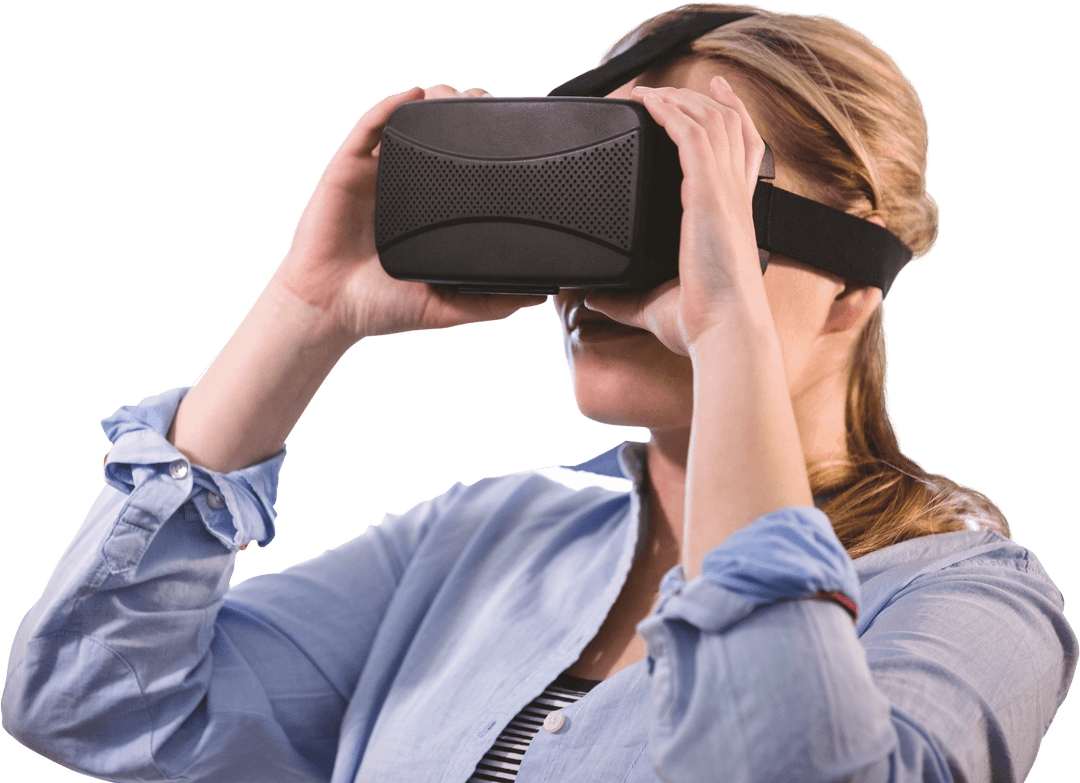 Caucasian Woman Exploring VR World with Transparent Background