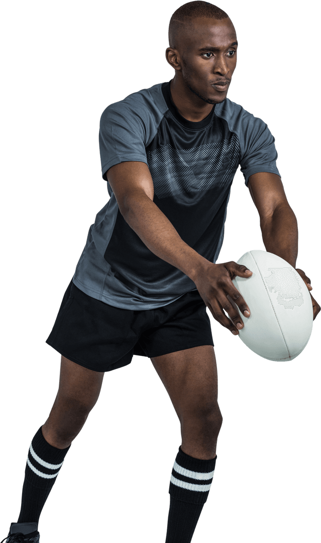 Focused Rugby Player Holding Ball Ready for Pass on Transparent Background