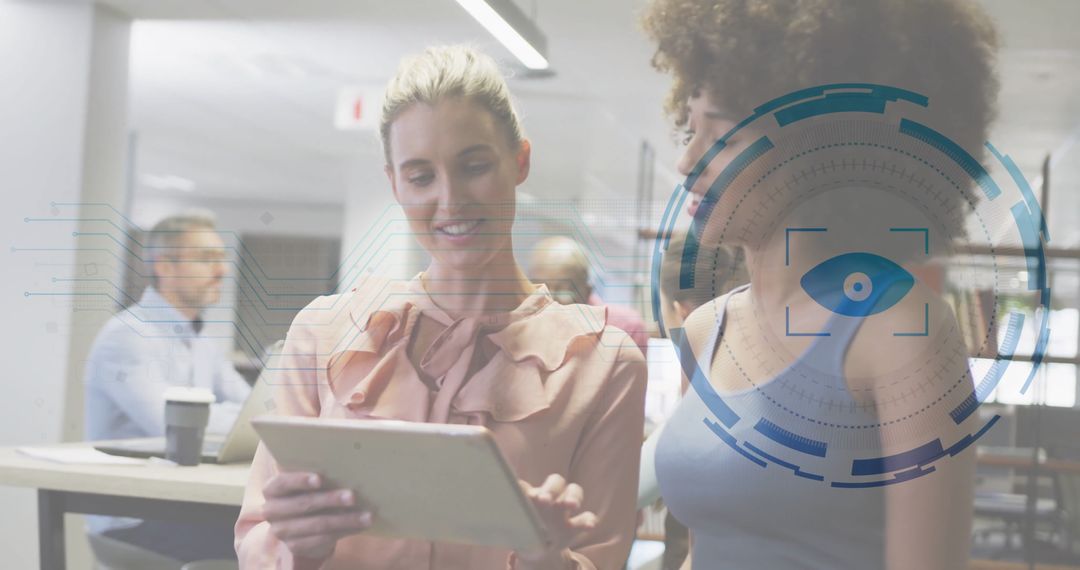 Business Professionals Explores Tablet With Digital HUD Overlay in Innovative Office Setting