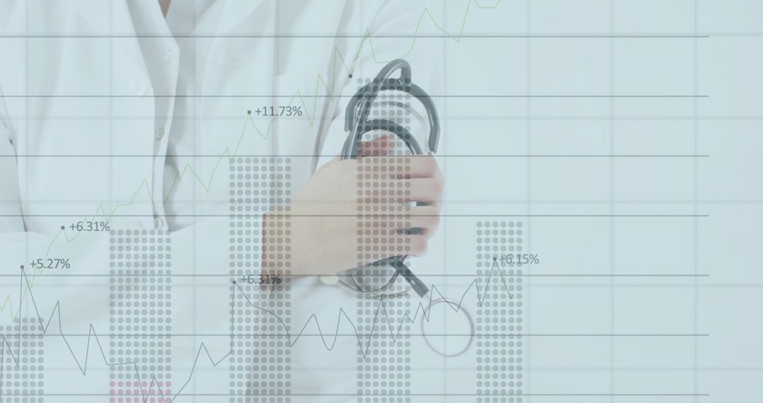 Clinician Holding Stethoscope with Healthcare Analytics Overlay Showing Growth Metrics